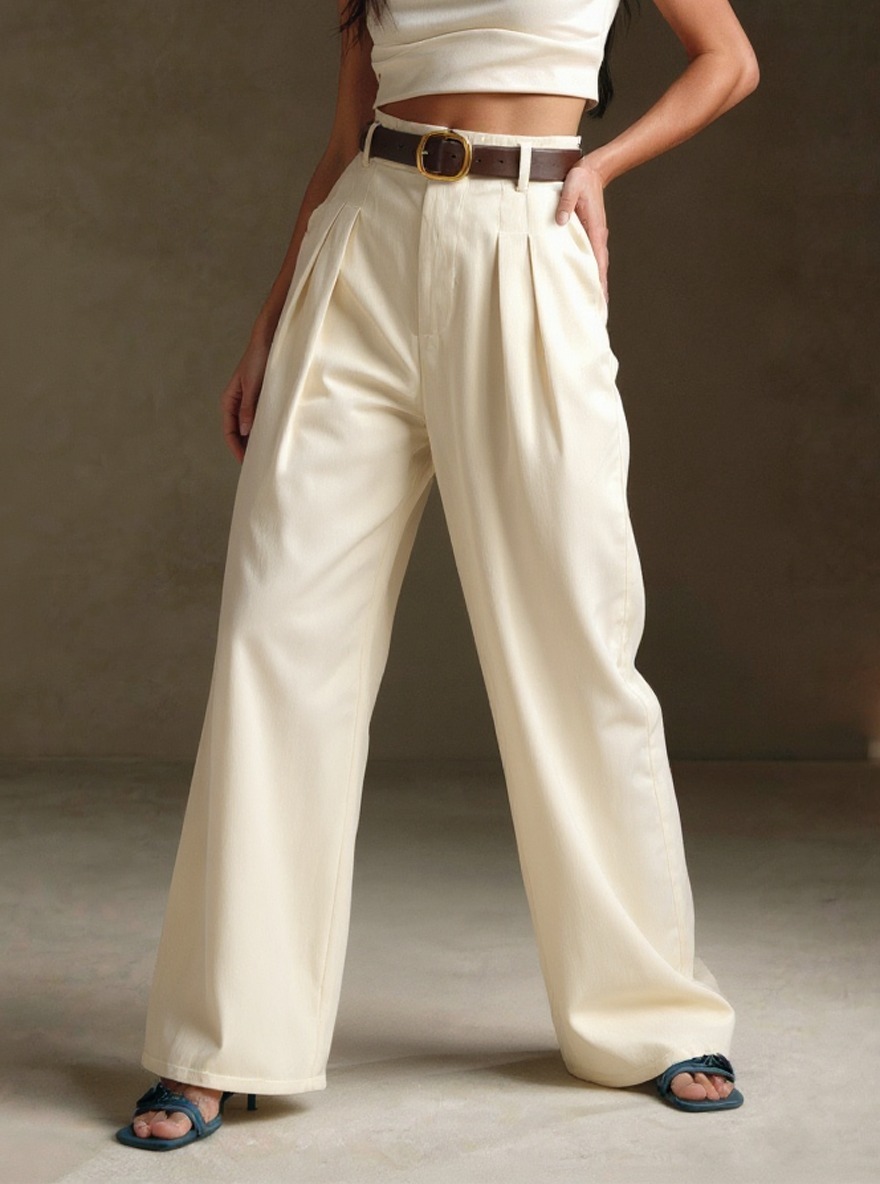 Women's Elegant Corduroy High Waisted Pleated Wide Leg Pants with D-Ring Belt