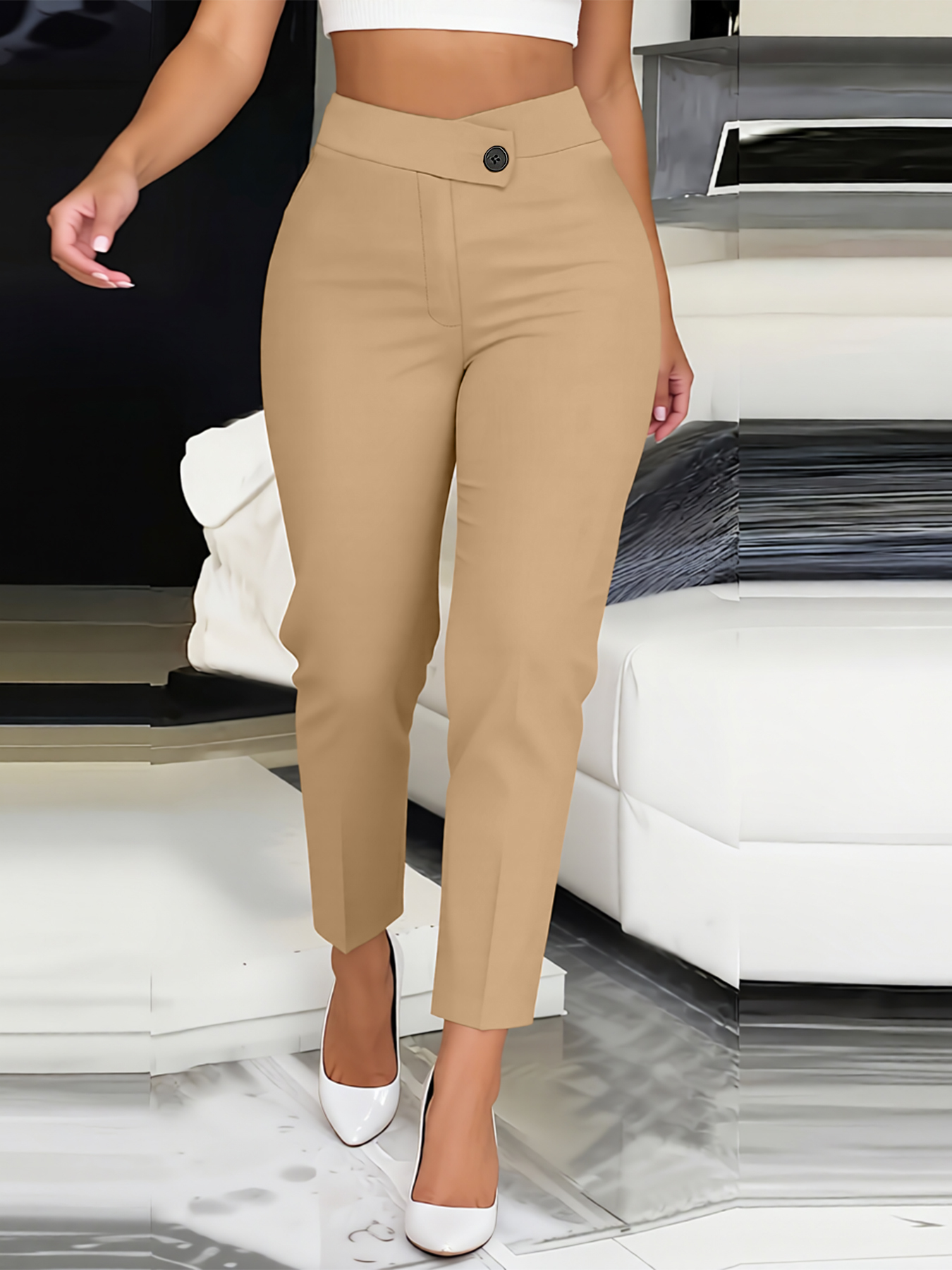 Woman's High Waist Asymmetric Button Slim Ankle Pants-Aegean-sea