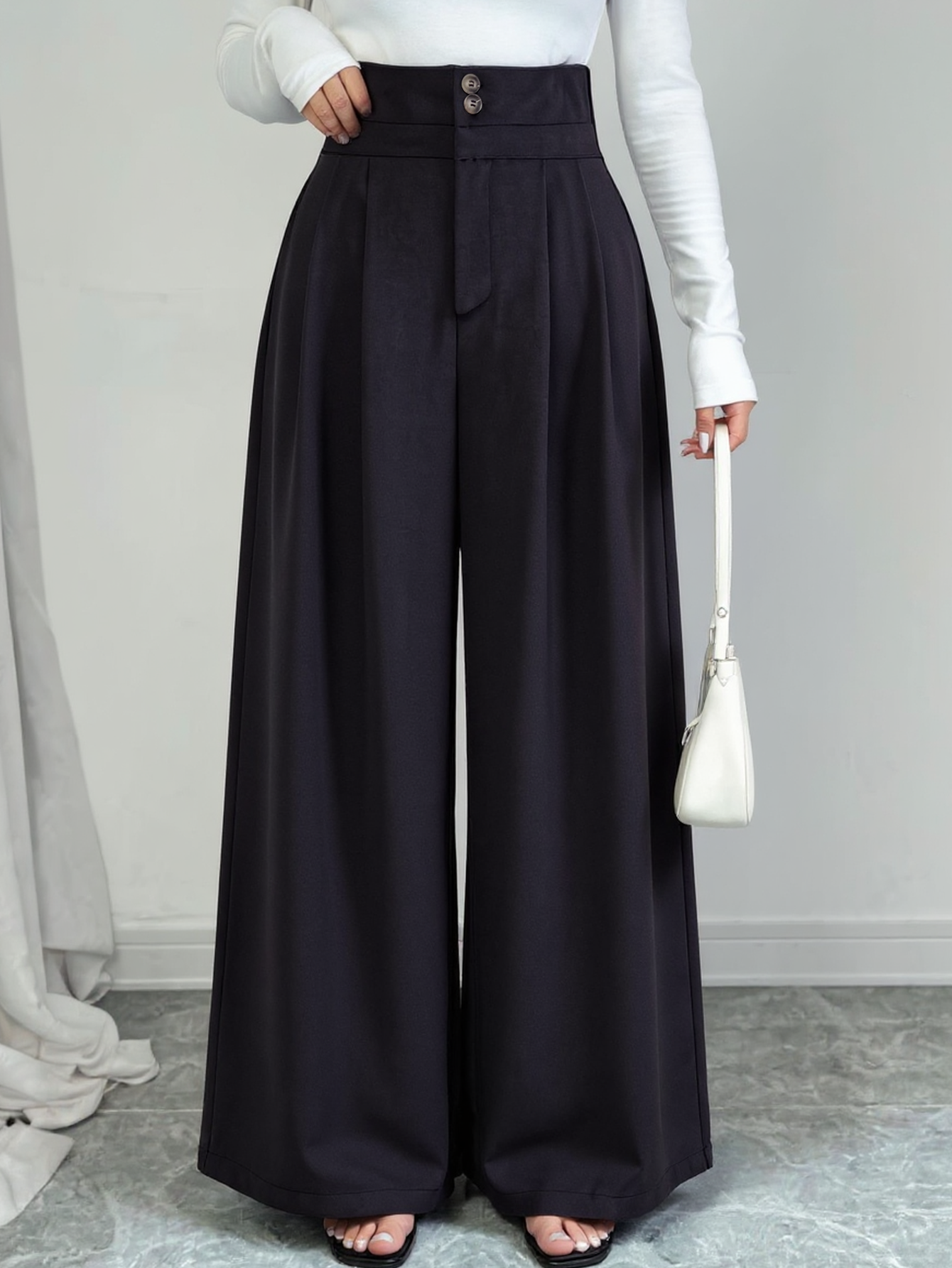 Women's Black High-Waisted Wide Leg Trousers-Aegean-sea