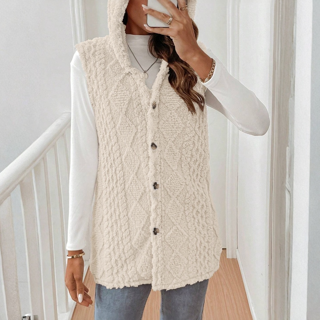 Vestido frontal sin mangas con botones de sherpa beige para mujer-Aegean-sea