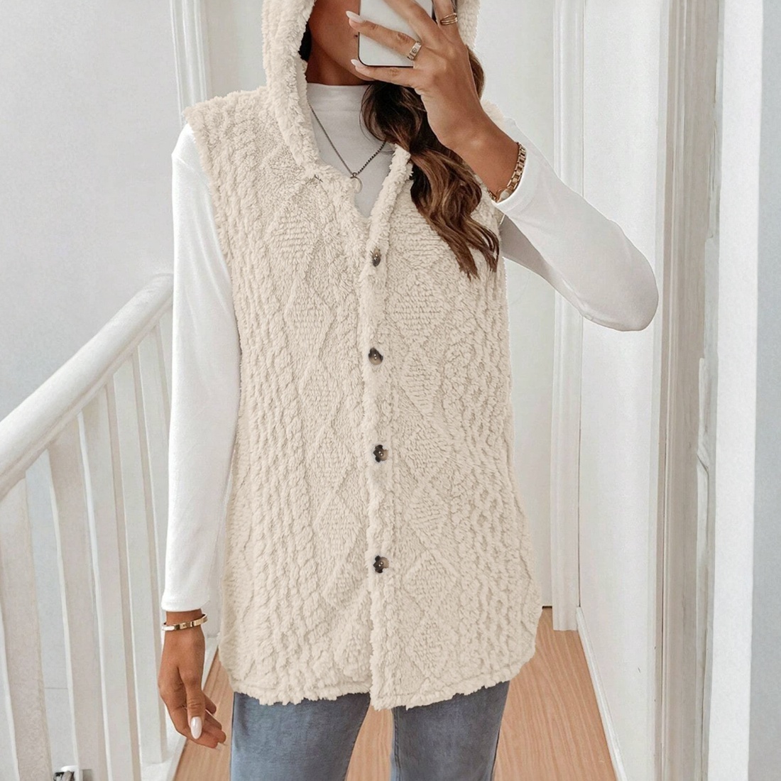 Vestido frontal sin mangas con botones de sherpa beige para mujer-Aegean-sea