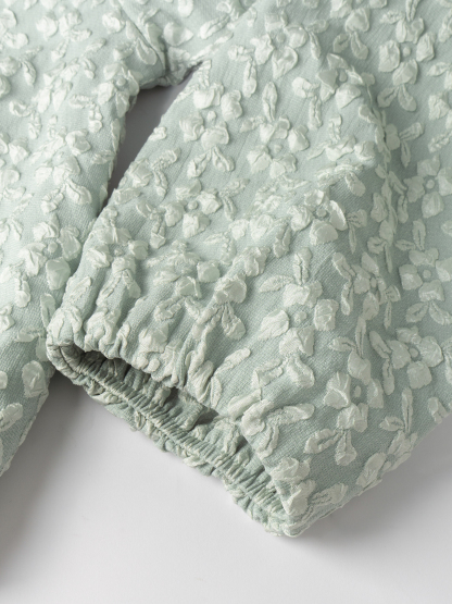 Light Green Textured Floral Puff Sleeve Zip-Up Jacket-Aegean-sea