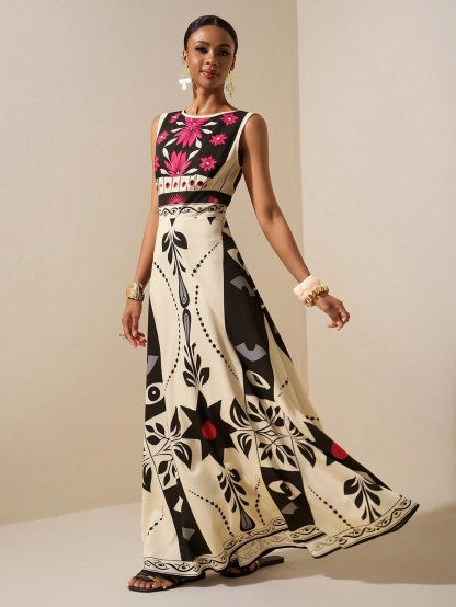 2026 Sleeveless Art Print Maxi Dress