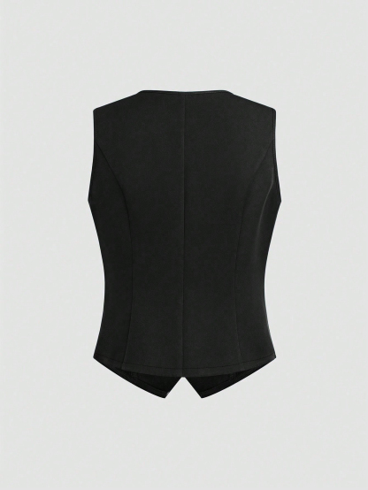 Y2K Black Button-Front Fitted Vest-Aegean-sea