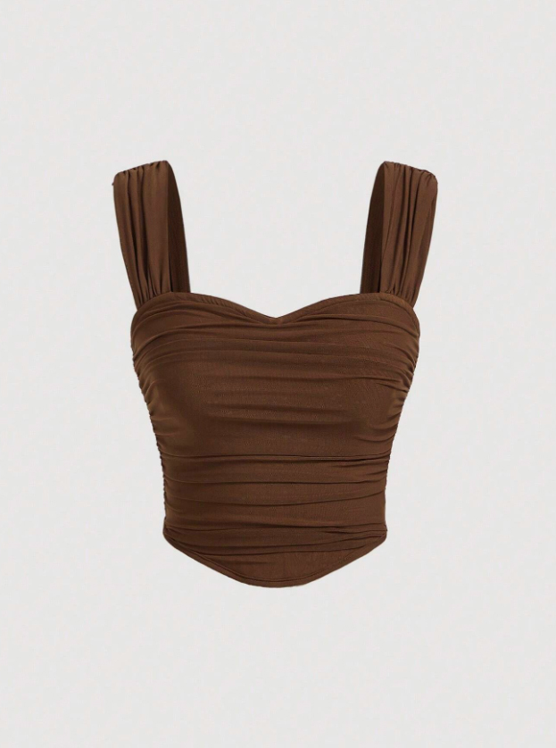 Woman's Brown Ruched Sweetheart Neck Wide Strap Crop Top-Aegean-sea