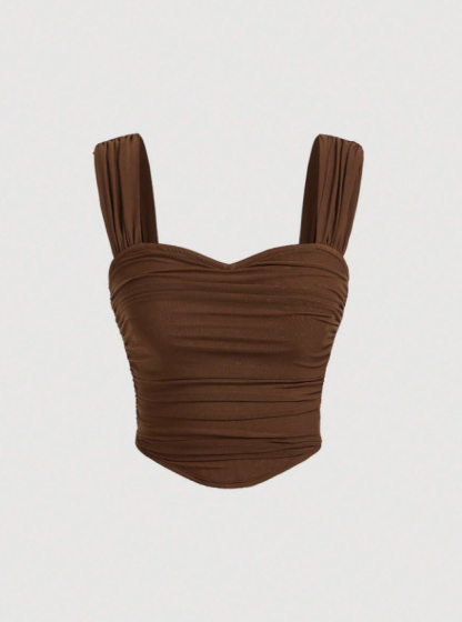 Woman's Brown Ruched Sweetheart Neck Wide Strap Crop Top-Aegean-sea