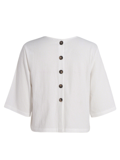 Woman's White Linen Short Sleeve Top with Back Button Detail-Aegean-sea