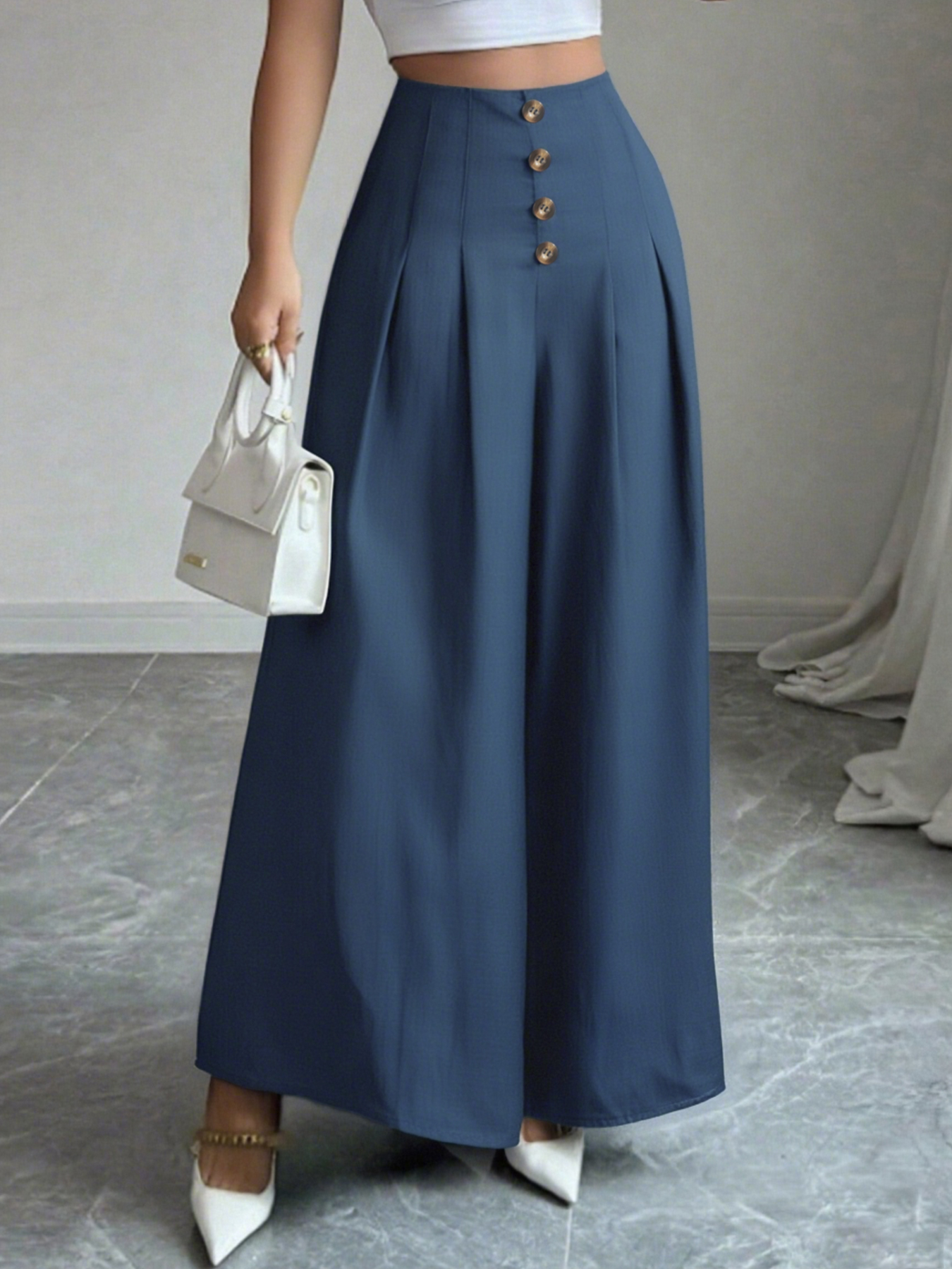 Navy-blue button-up wide-legged pants High-waisted loose-fitting long casual pants