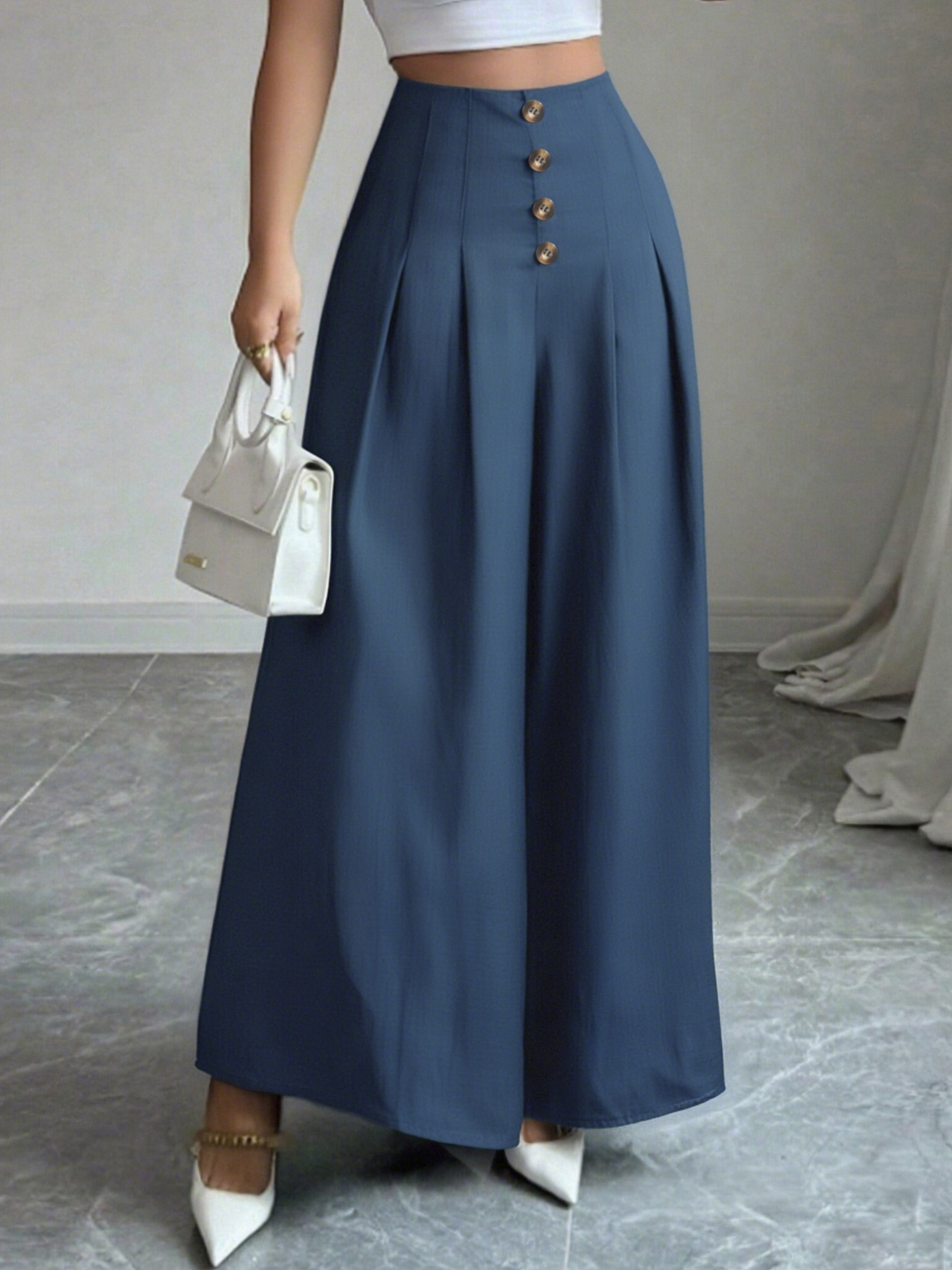 Navy-blue button-up wide-legged pants High-waisted loose-fitting long casual pants