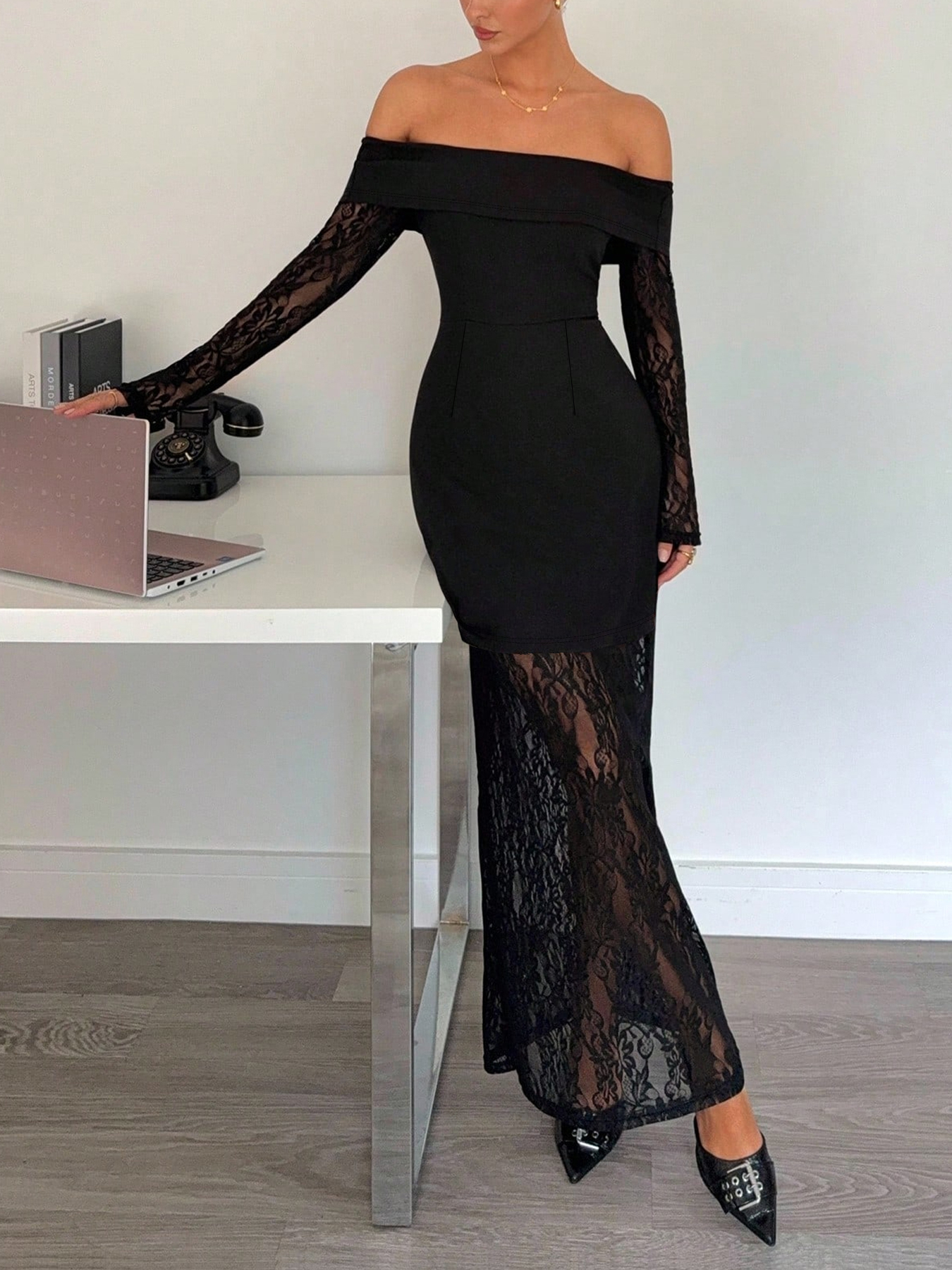 Black off-the-shoulder lace patchwork dress with long sleeves and two faux see-through dresses-Aegean-sea
