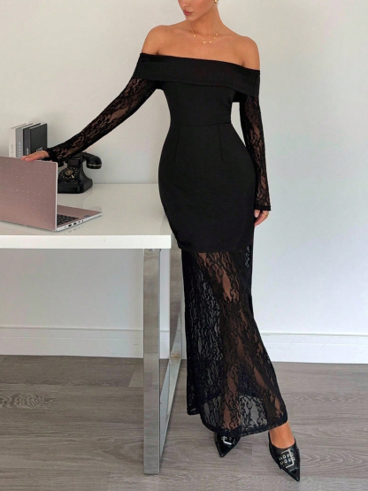 Black off-the-shoulder lace patchwork dress with long sleeves and two faux see-through dresses-Aegean-sea
