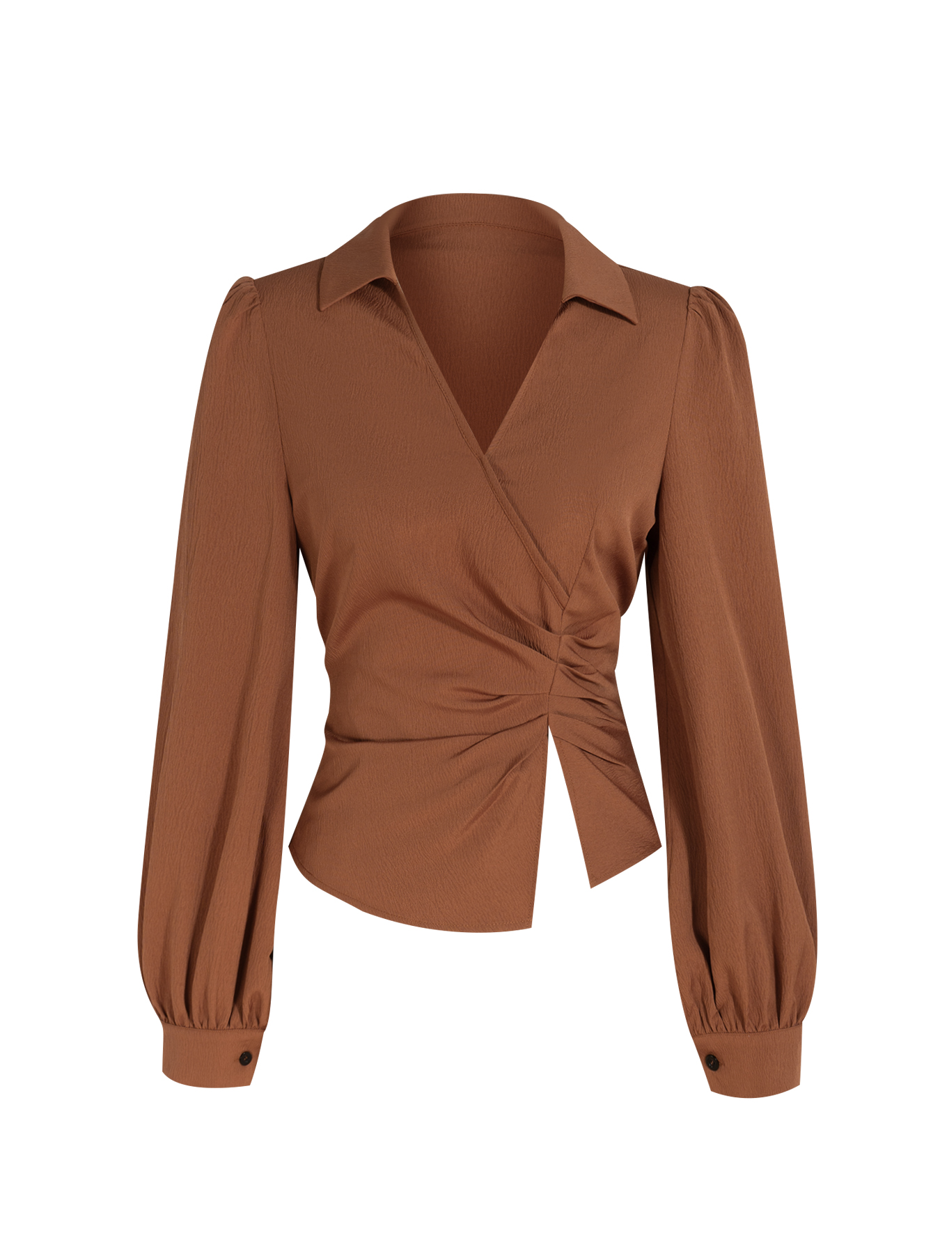 Caramel-colored twisted body shirt, beige-white high-waisted half-skirt button-down suit