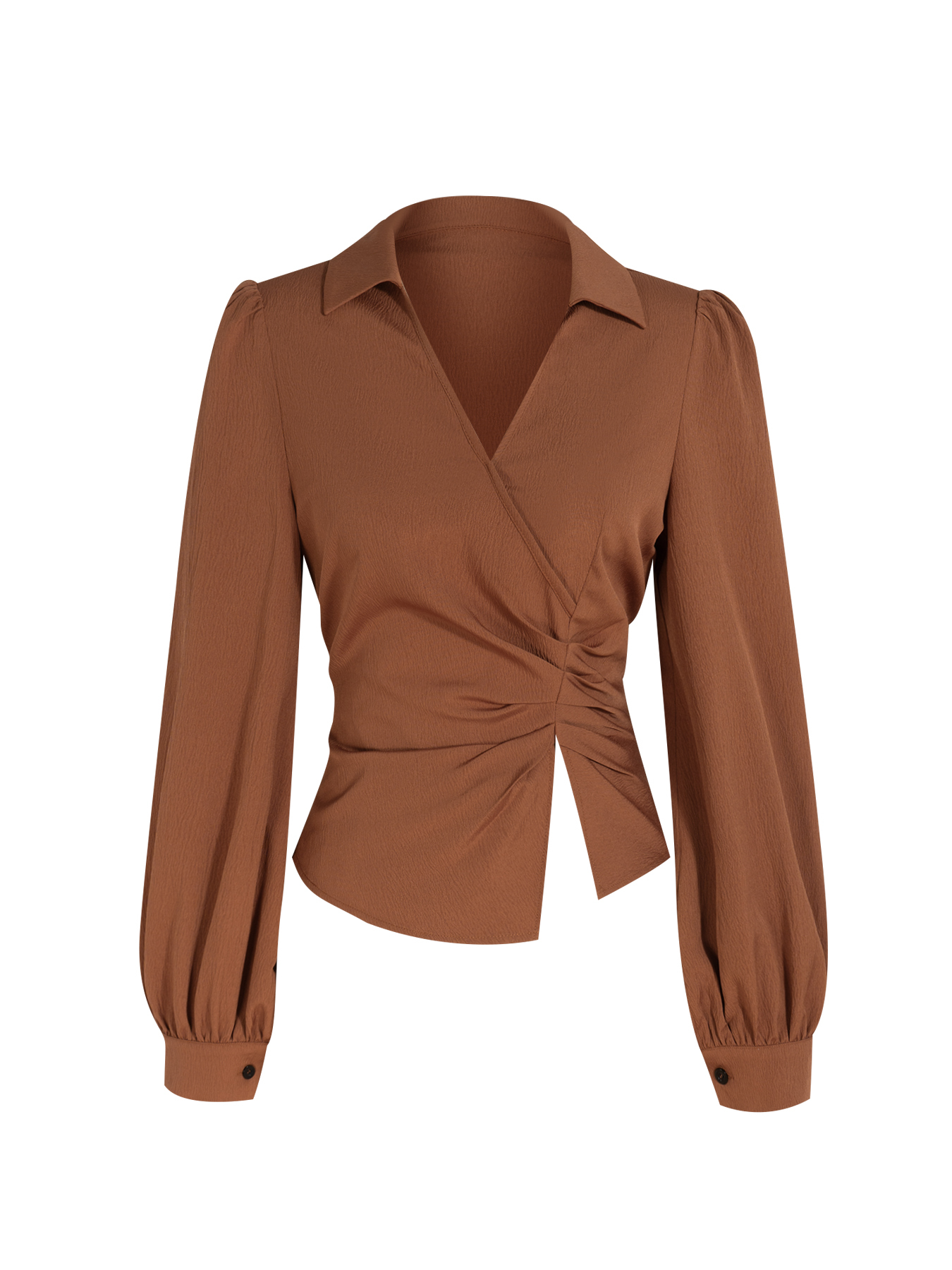 Caramel-colored twisted body shirt, beige-white high-waisted half-skirt button-down suit