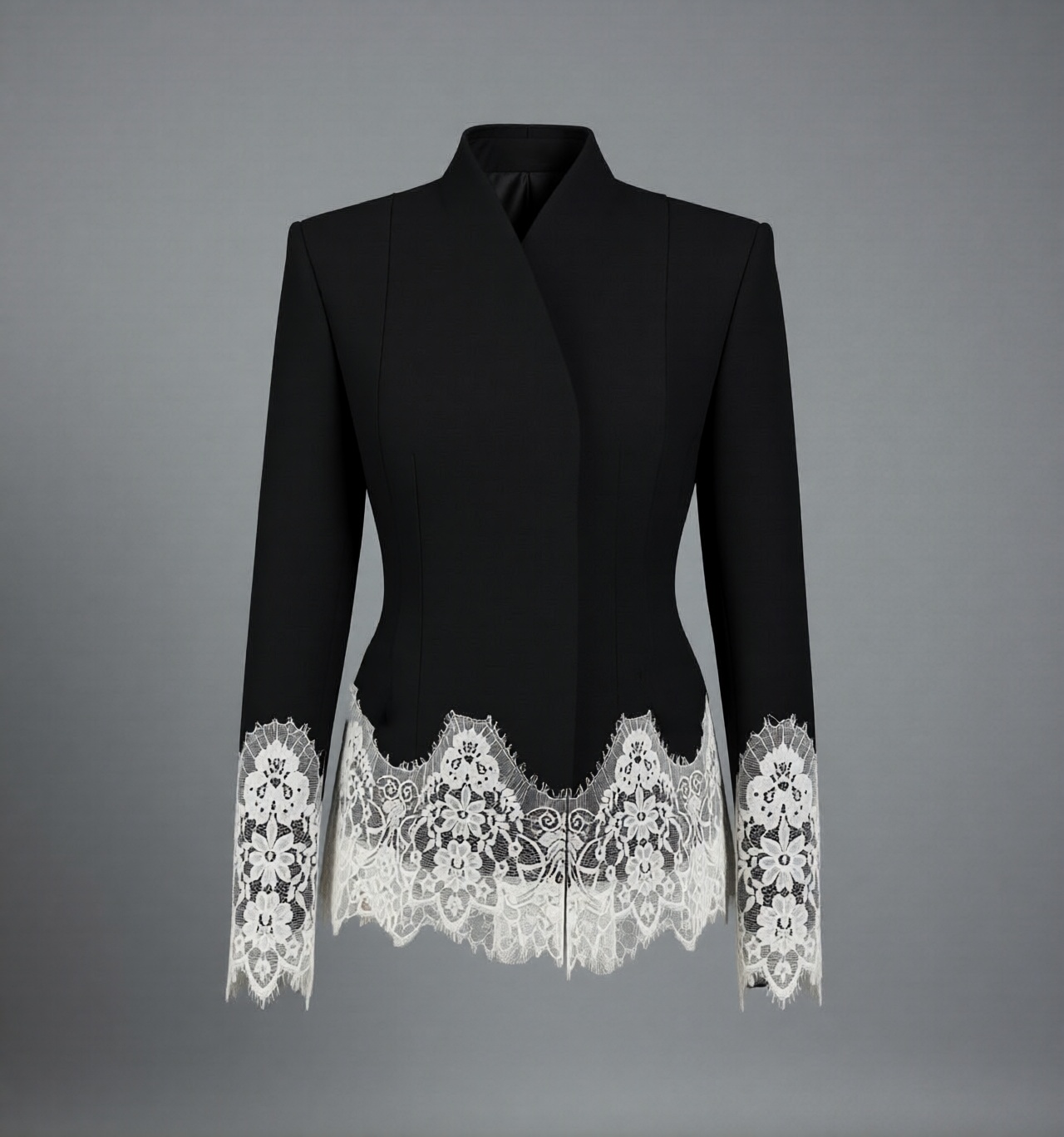 2026 Spring/Summer New Arrival: Elegant Commuter-Style Long-Sleeved Slim-Fit Stand Collar Lace-Trimmed Color-Blocked Blazer