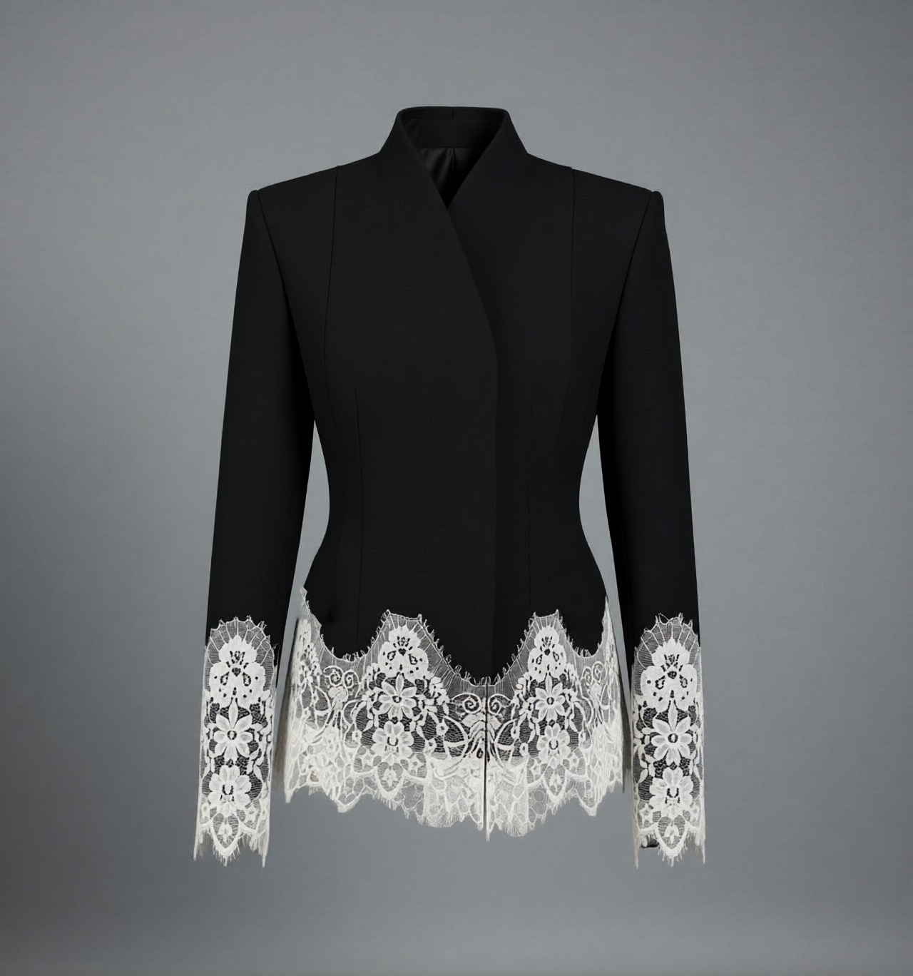 2026 Spring/Summer New Arrival: Elegant Commuter-Style Long-Sleeved Slim-Fit Stand Collar Lace-Trimmed Color-Blocked Blazer