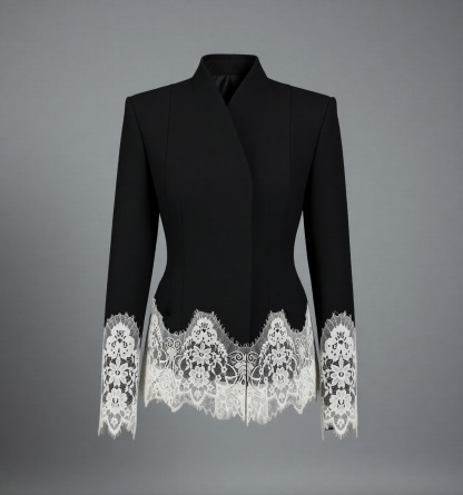 2026 Spring/Summer New Arrival: Elegant Commuter-Style Long-Sleeved Slim-Fit Stand Collar Lace-Trimmed Color-Blocked Blazer