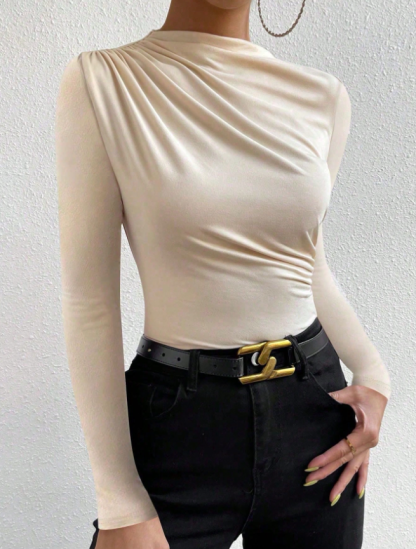 Women's Slim Fit Asymmetrical Neck Blouse - Ruched Detail Long Sleeve Elegant Top-Aegean-sea