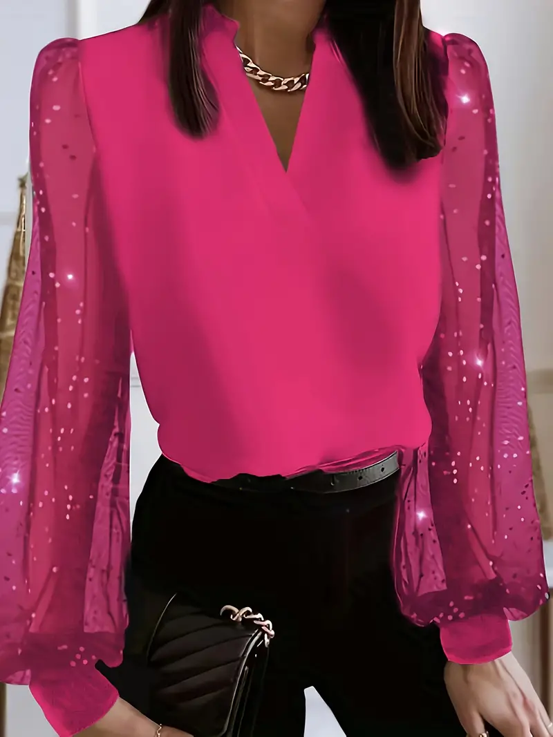 Woman's V-Neck Sheer Sequin Sleeve Blouse