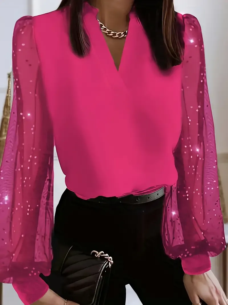 Woman's V-Neck Sheer Sequin Sleeve Blouse