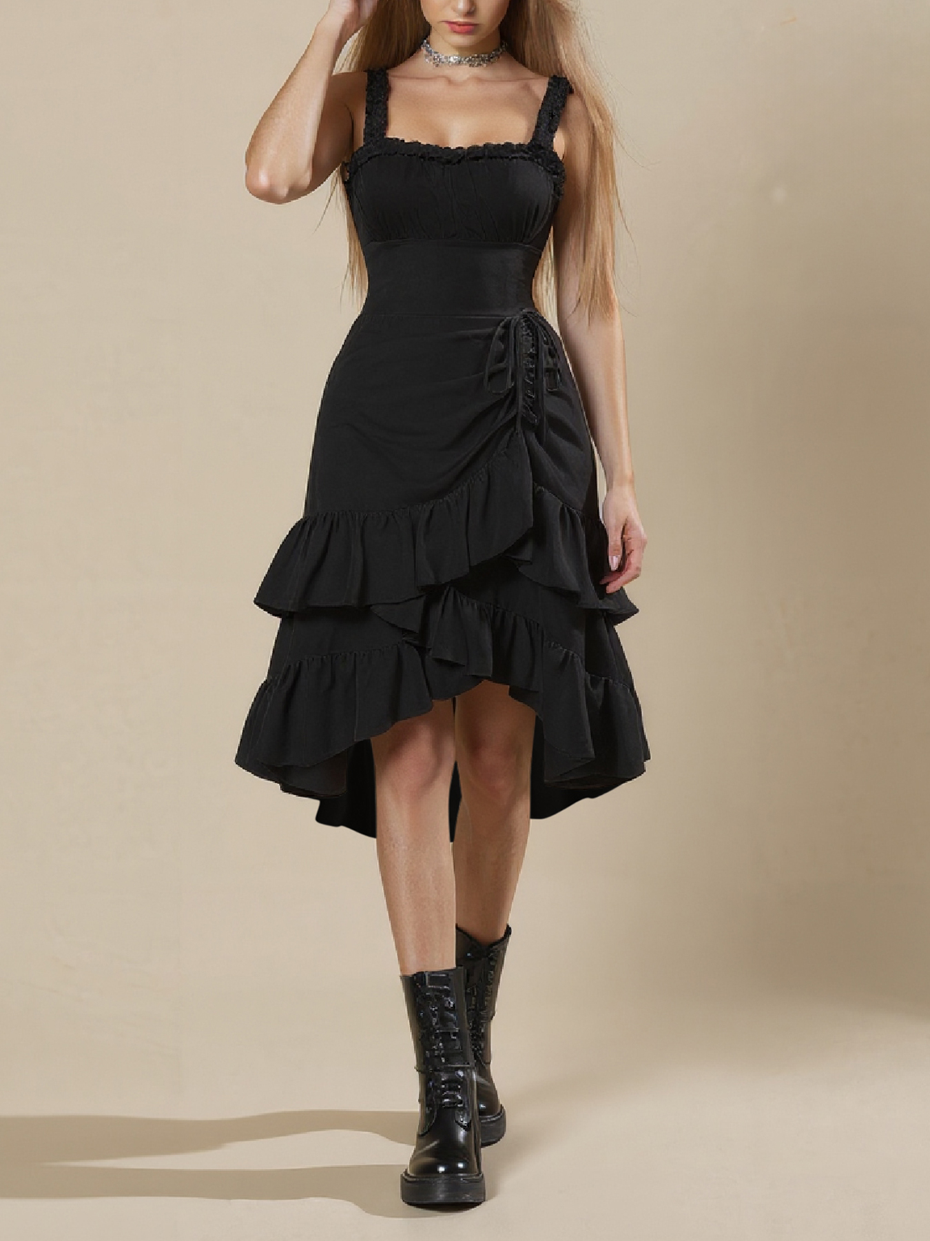 Black Square Neck Ruffled Tiered Dress - Lace Trim Straps & Asymmetrical Hem
