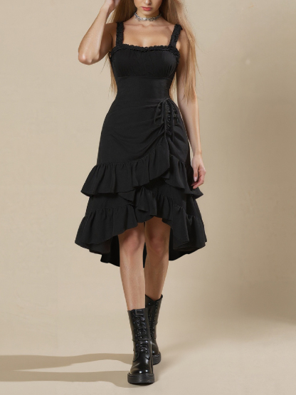 Black Square Neck Ruffled Tiered Dress - Lace Trim Straps & Asymmetrical Hem