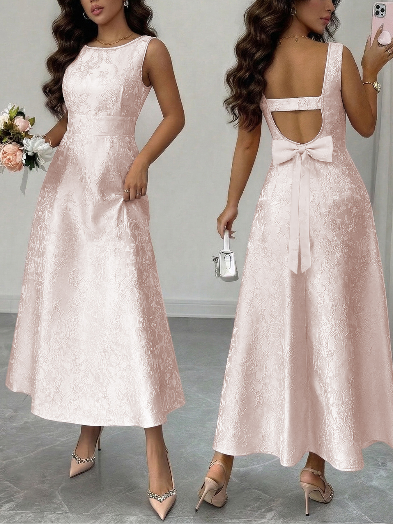 Pink floral-trimmed, bow-tied back dress, party dress