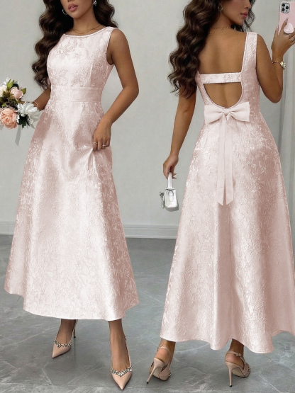Pink floral-trimmed, bow-tied back dress, party dress