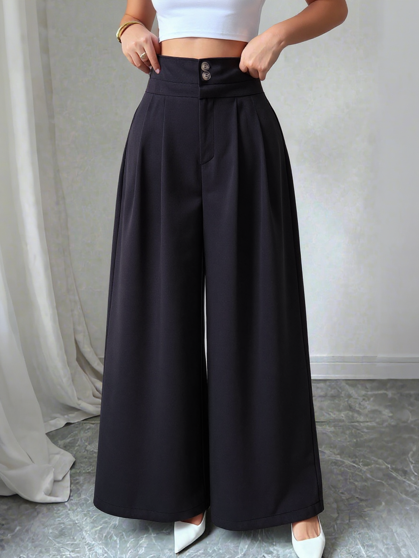Women's Black High-Waisted Wide Leg Trousers-Aegean-sea