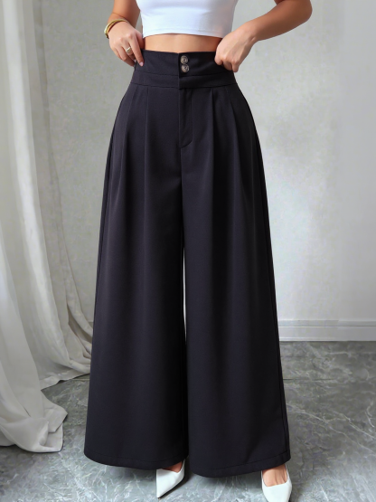 Women's Black High-Waisted Wide Leg Trousers-Aegean-sea