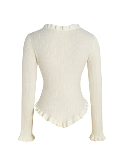 Woman's White Ruffled Square Neck Ribbed Knit Top with Pearl Buttons-Aegean-sea