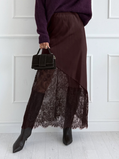 Falda corta de encaje de satén marrón oscuro Falda larga de cintura alta y falda irregular Falda de encaje A para cenas y citas
