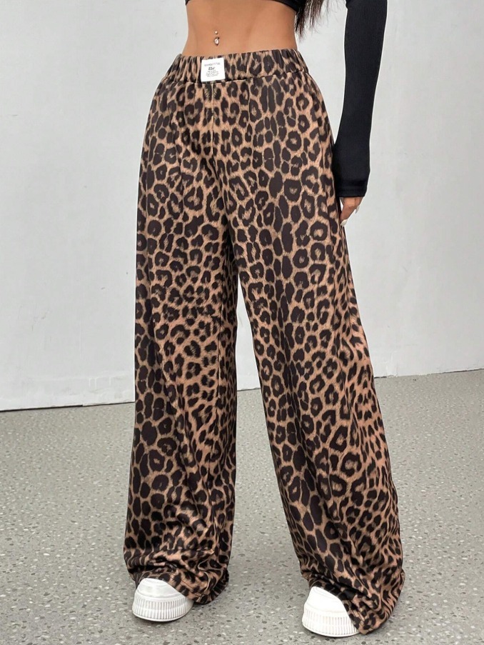 Leopard pattern wide leg pants woman, high waist drop feeling loose pants-Aegean-sea