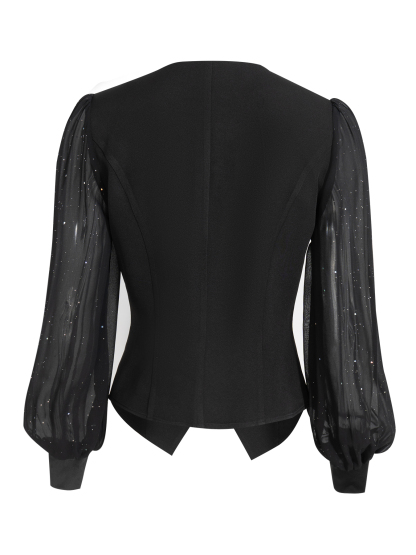 Women's Black Sheer Puff Sleeve V-Neck Button-Front Fitted Waist Vest-Style Blouse-Aegean-sea