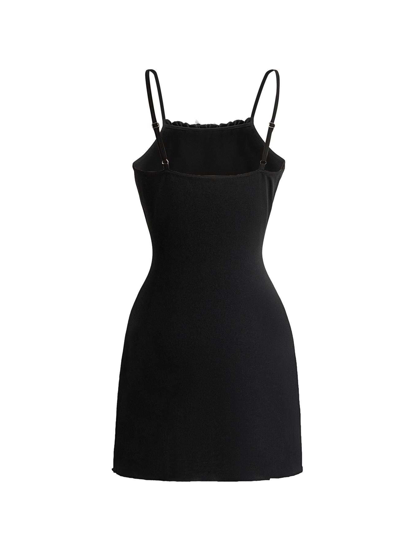 Woman's Black spaghetti strap mini dress with ruffled neckline and bow embellishment.