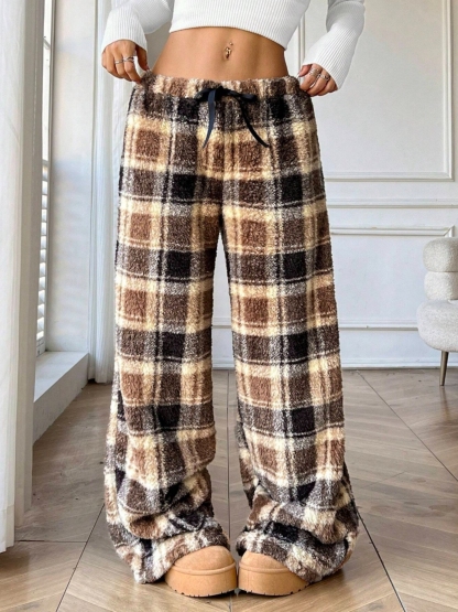 Wide-legged loose-fitting Scottish wool trousers with cord for women-Aegean-sea