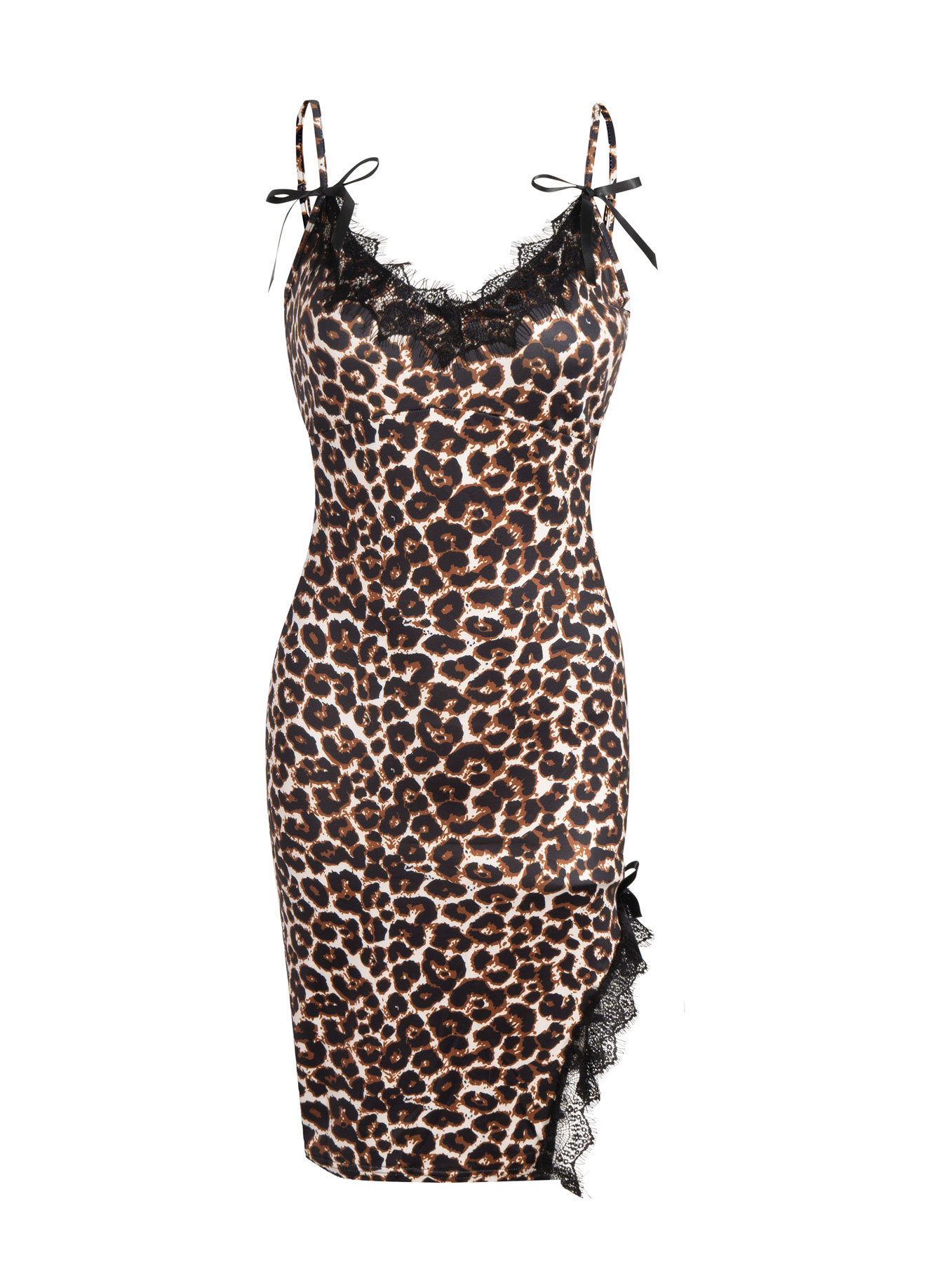 Women's Leopard Print Spaghetti Strap Bodycon Dress with Lace Detail-Aegean-sea