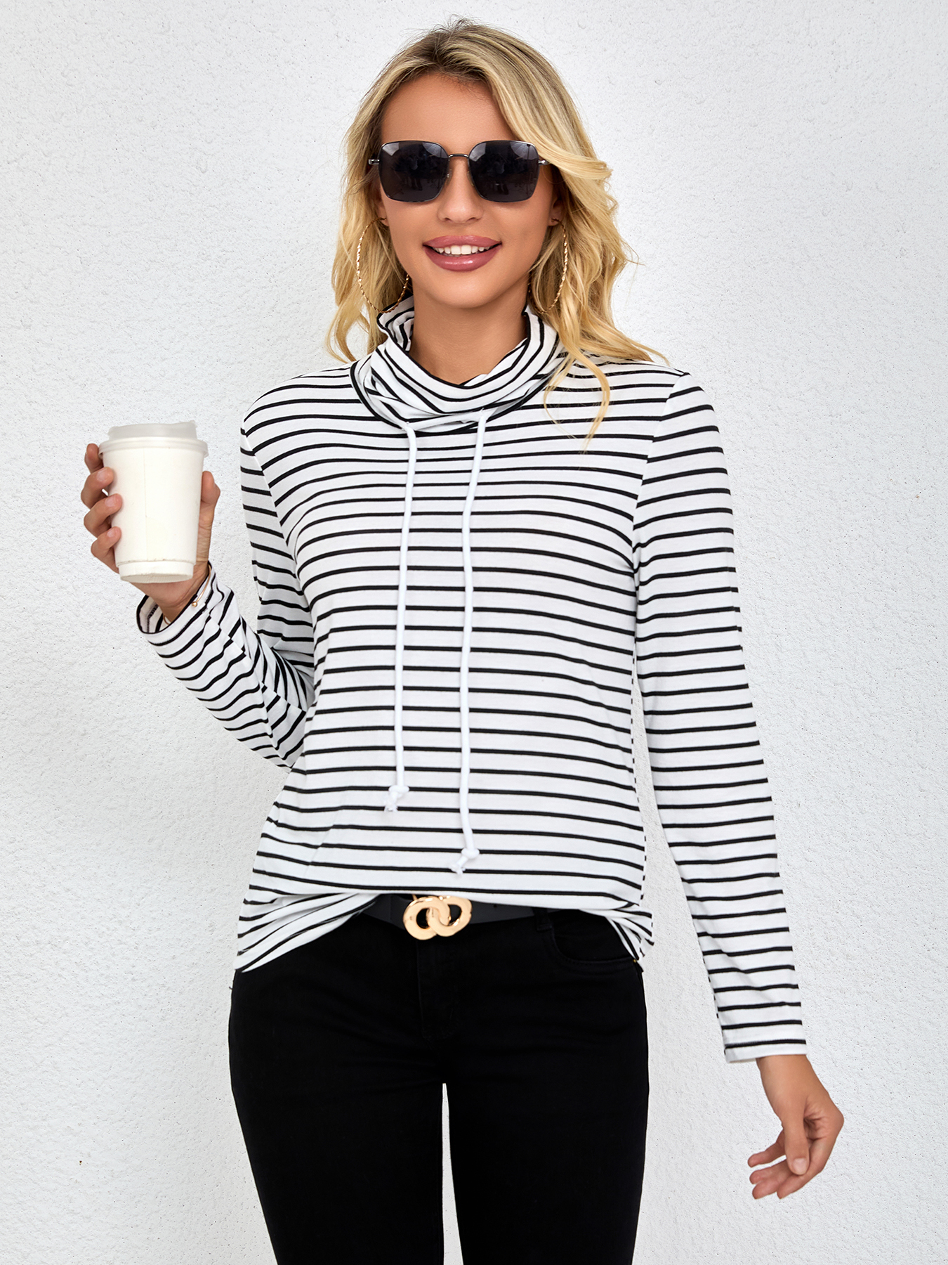 Camiseta de manga larga con cordón de cuello alto a rayas para mujer-Aegean-sea