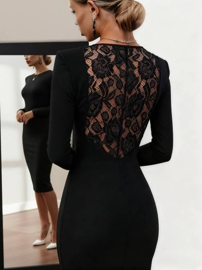 Black lace back-baring, long-sleeved, hip-to-hip dress, workplace party-style body-fitting mid-length skirt