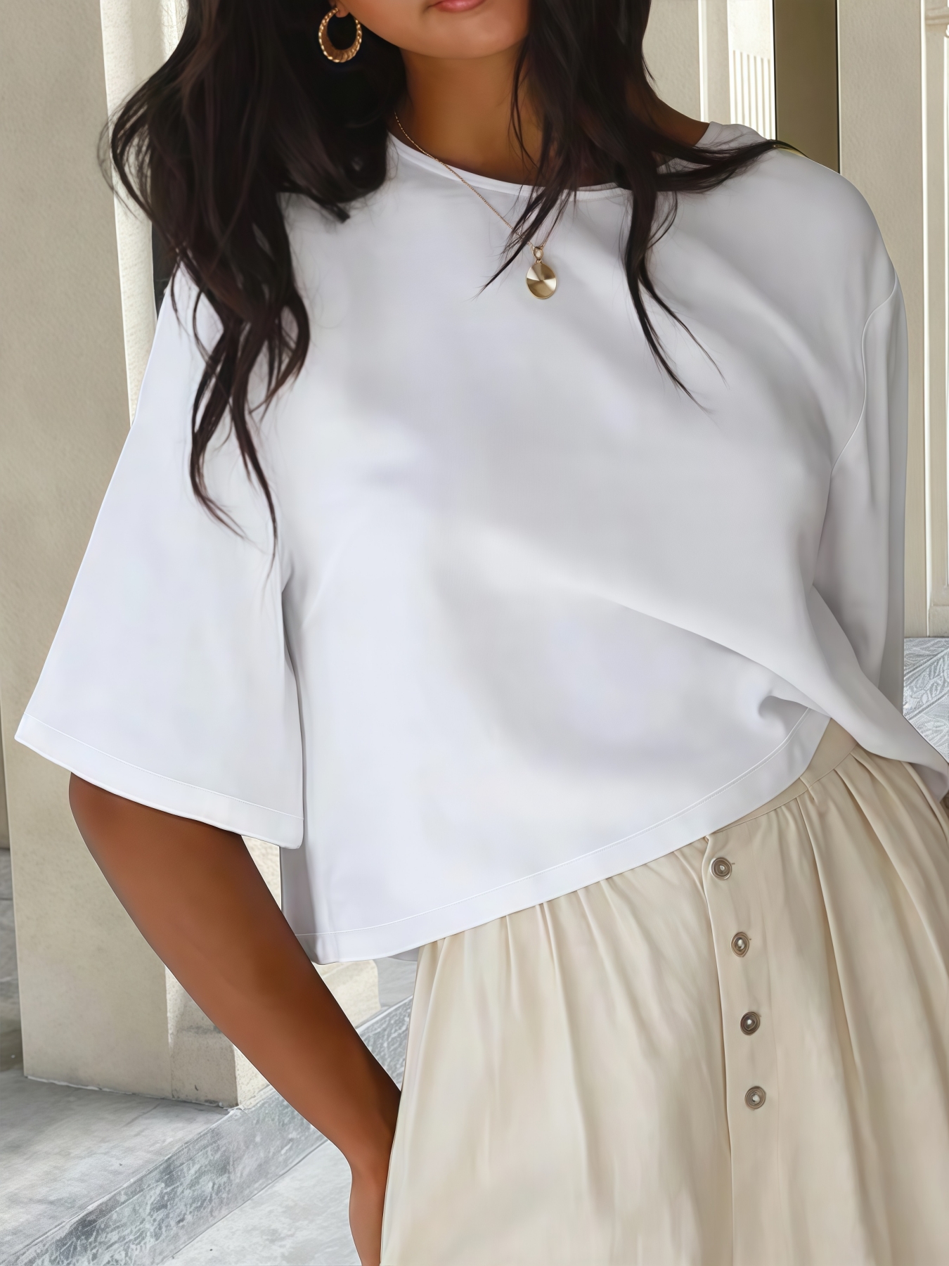 Woman's White Linen Short Sleeve Top with Back Button Detail-Aegean-sea