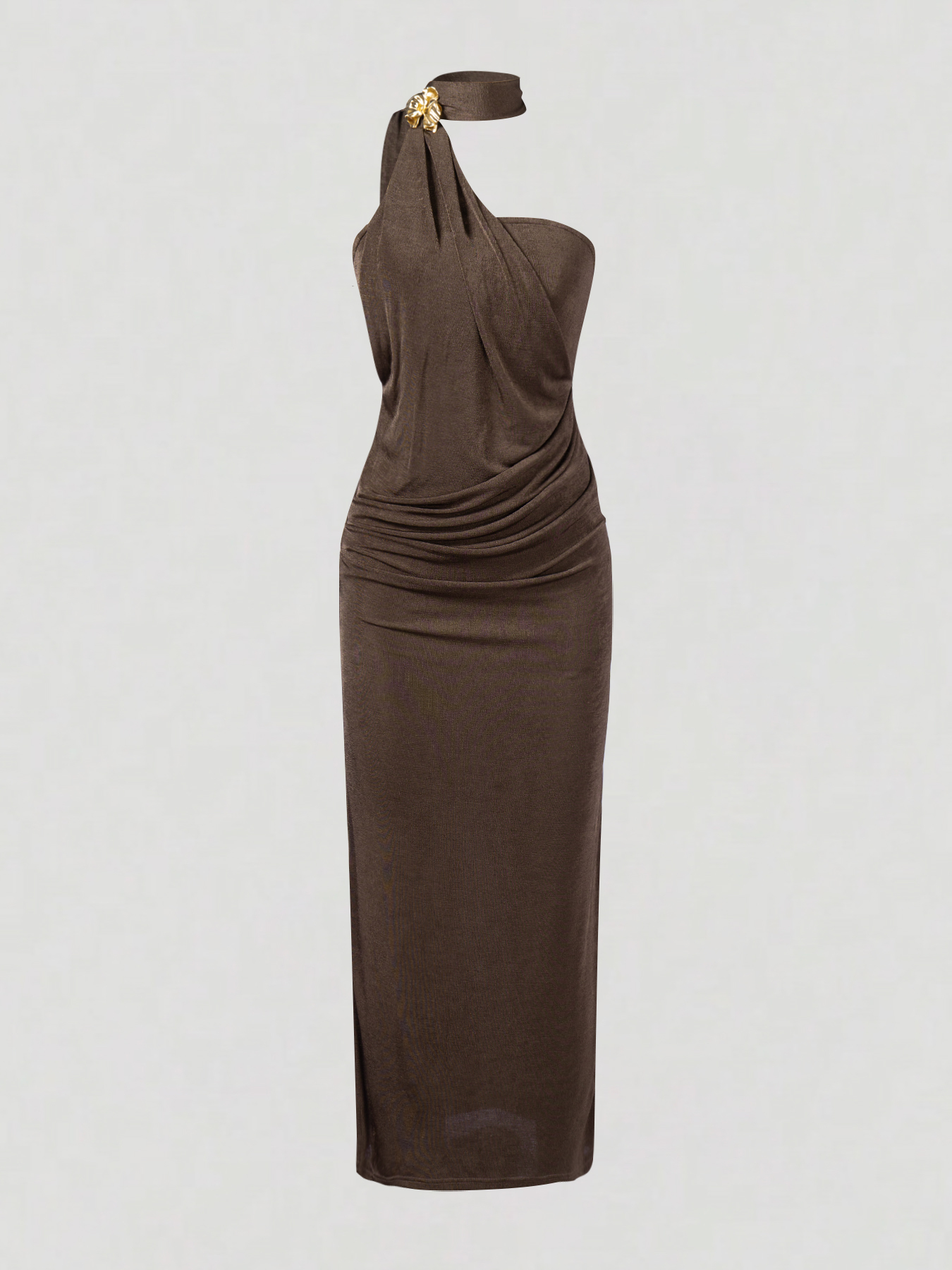 Chocolate-brown strapless mid-length woman‘s dress with one gold satin shoulder with little wheel accents