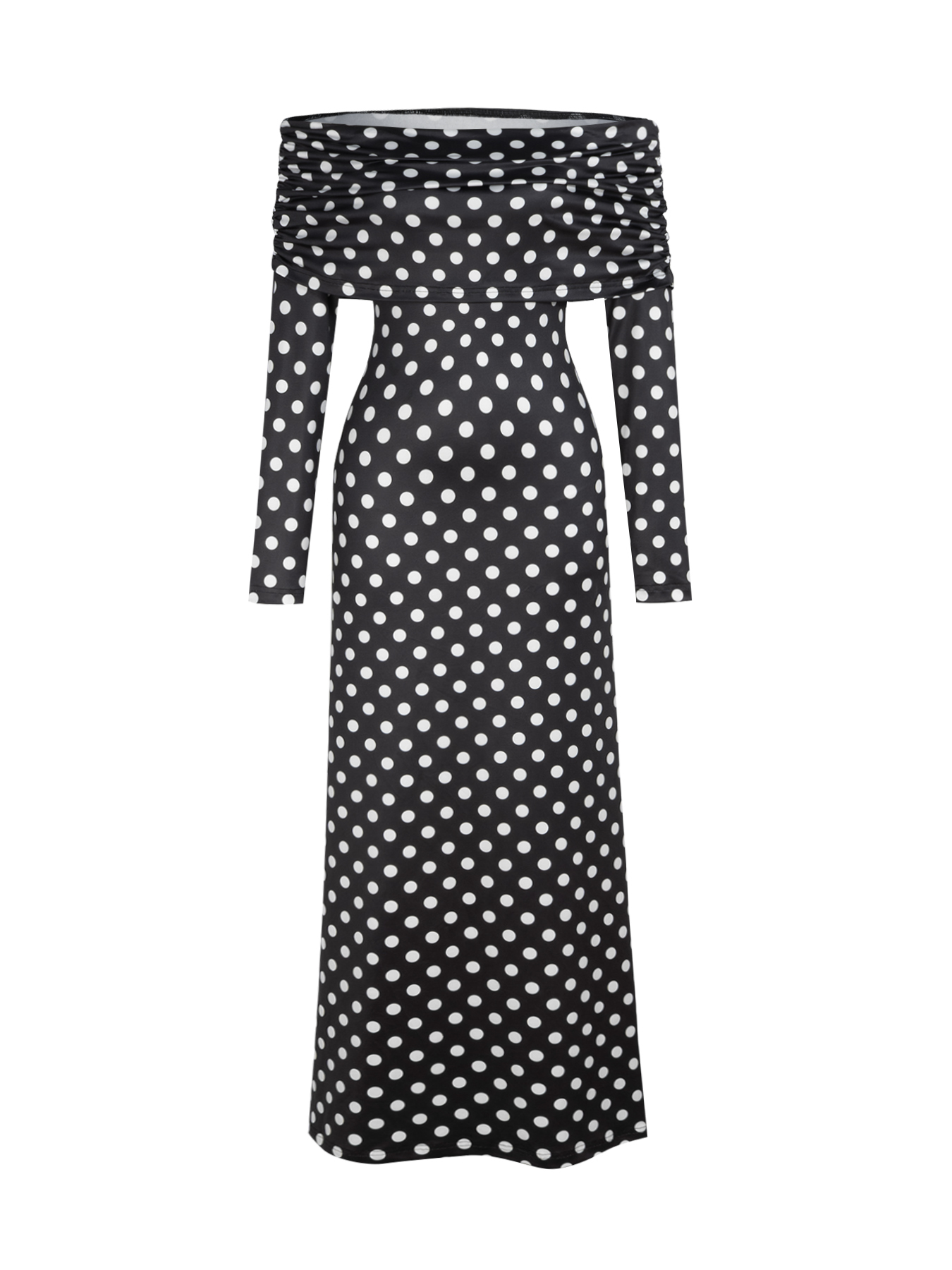 Woman's Off-the-Shoulder Long-Sleeve Polka Dot Maxi Dress-Aegean-sea