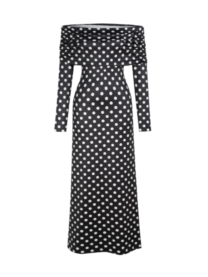 Woman's Off-the-Shoulder Long-Sleeve Polka Dot Maxi Dress-Aegean-sea