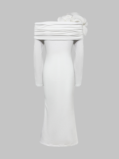 Women's White Off-The-Shoulder Long Sleeve Maxi Dress with Floral Applique-Aegean-sea