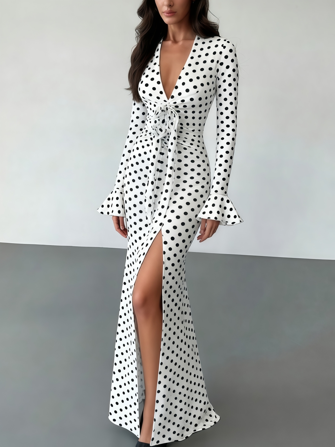 Woman's Black & White Polka Dot V-Neck Bell-Sleeve Tie-Waist Slit Maxi Dress-Aegean-sea