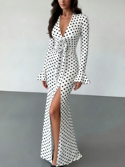 Woman's Black & White Polka Dot V-Neck Bell-Sleeve Tie-Waist Slit Maxi Dress-Aegean-sea