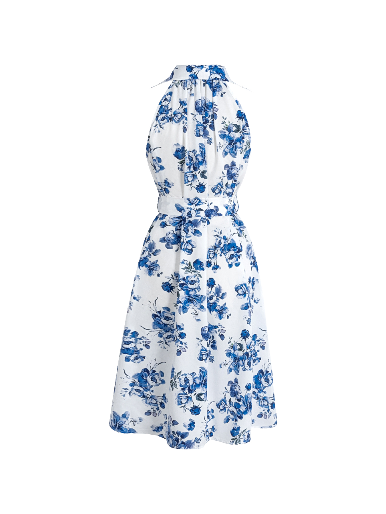 Woman's White & Blue Floral Print Halter Neck Belted Mini Dress