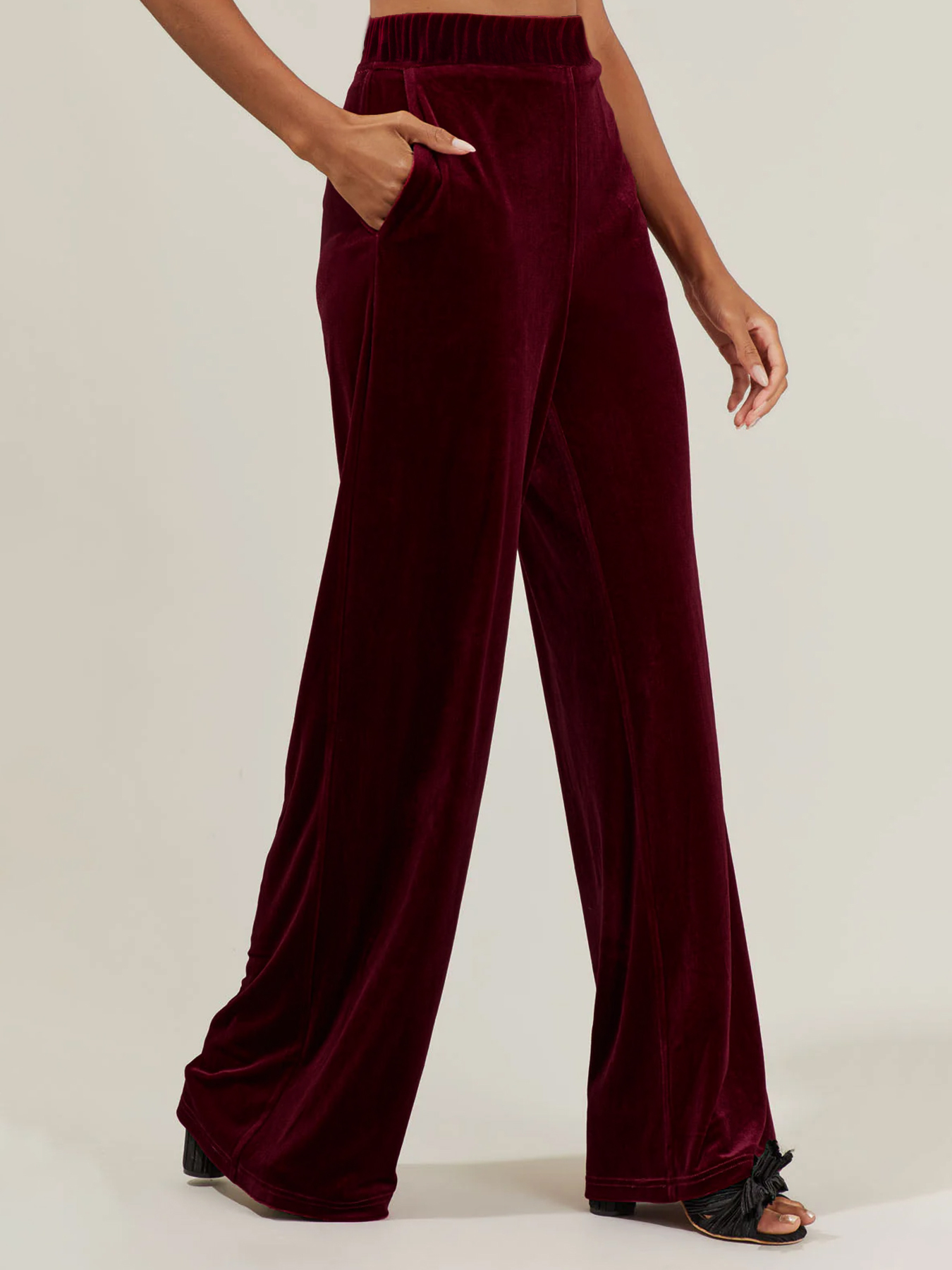 Woman's Burgundy Velvet High-Waisted Wide-Leg Pants-Aegean-sea