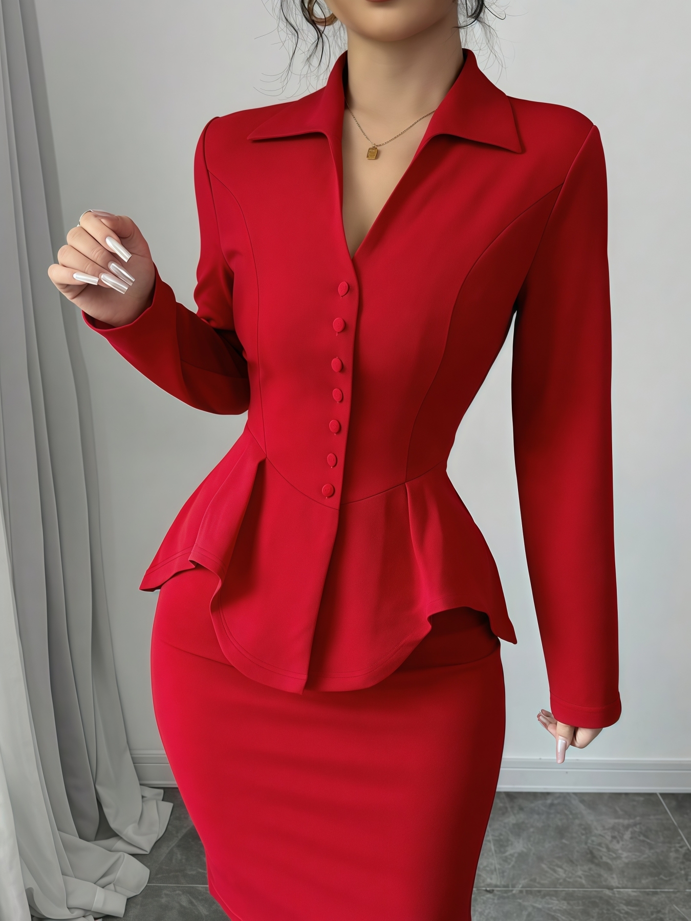 Red Peplum Blazer and Bodycon Medium Skirt Set for Women-Aegean-sea