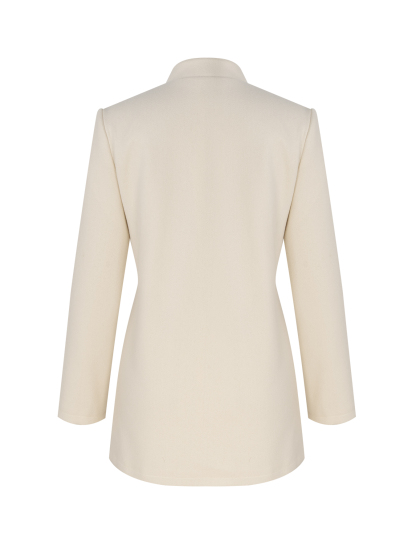 Woman's Cream White Stand Collar Mid-Length Coat with Round Fleece Buttons-Aegean-sea
