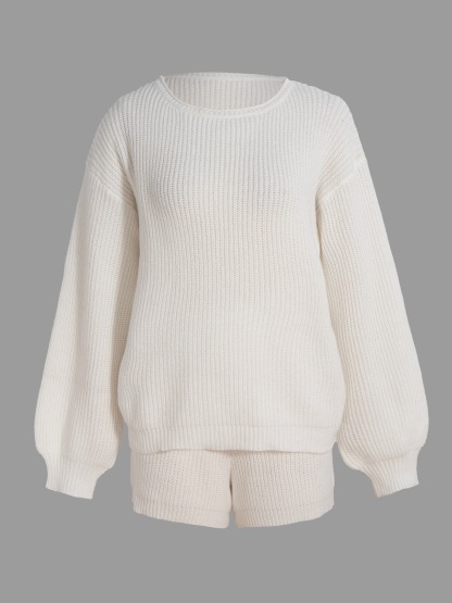 White Knit Long-Sleeve Short-Short Suit Woman Loose Lazy Style Two-piece Suit